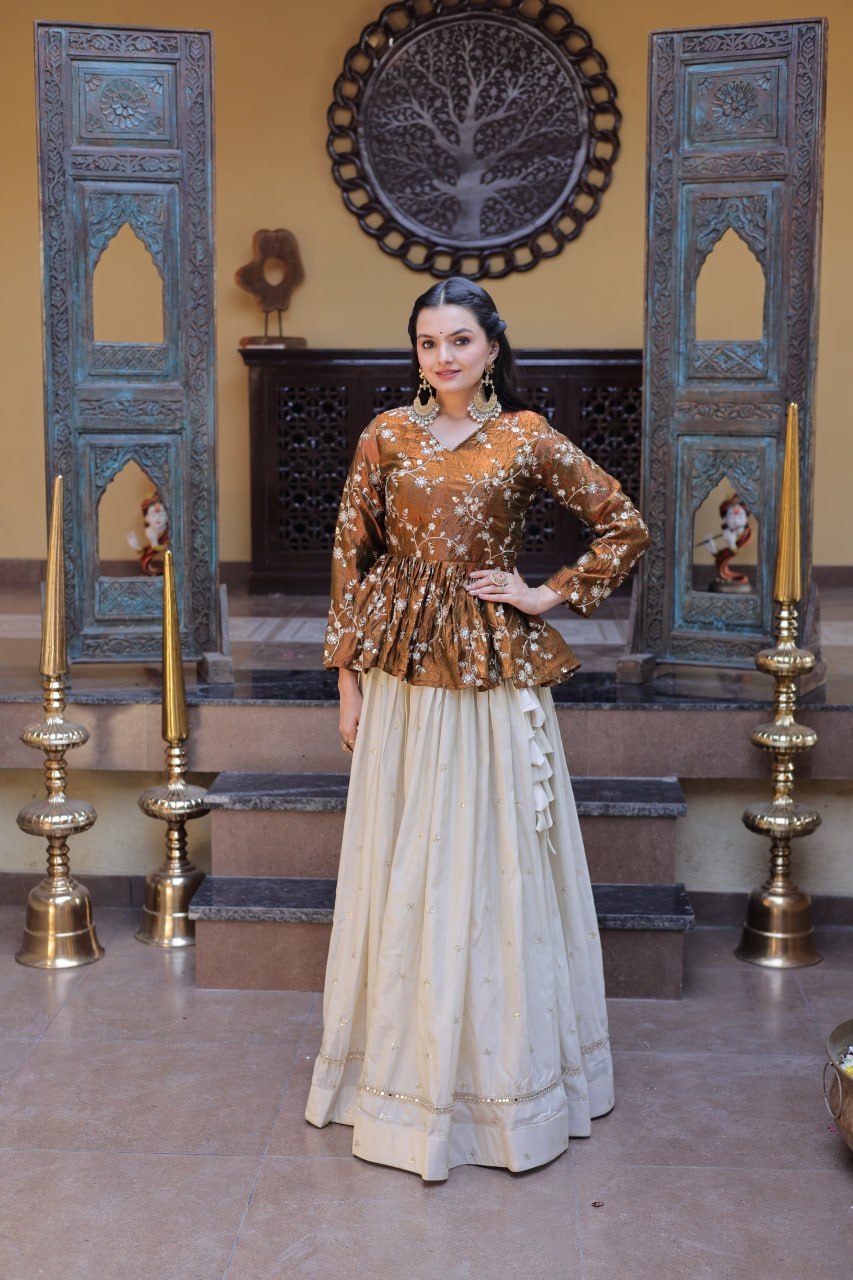 Sequins Embroidered Peplum Top with Flared Lehenga Set