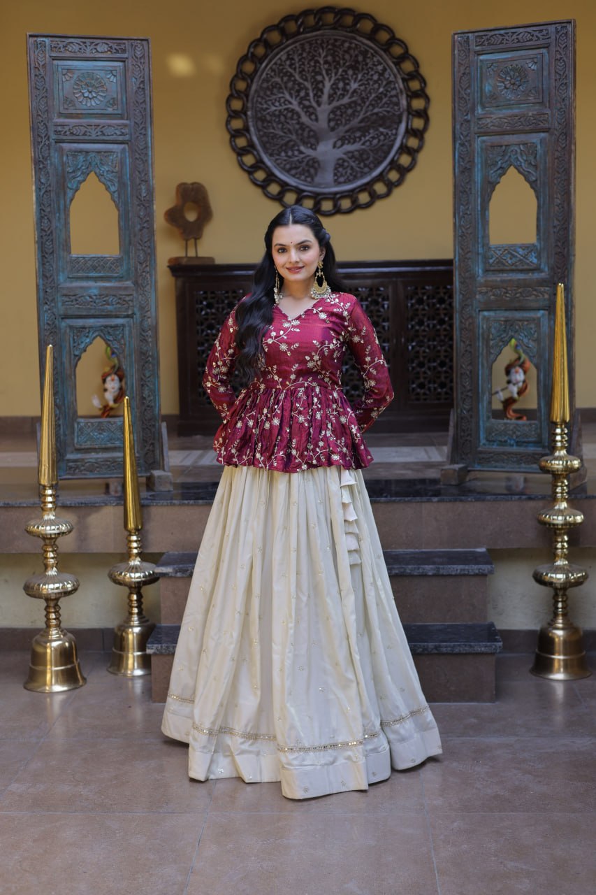 Sequins Embroidered Peplum Top with Flared Lehenga Set