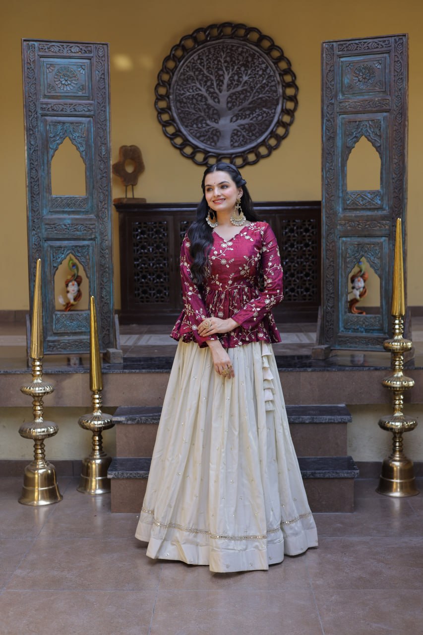 Sequins Embroidered Peplum Top with Flared Lehenga Set