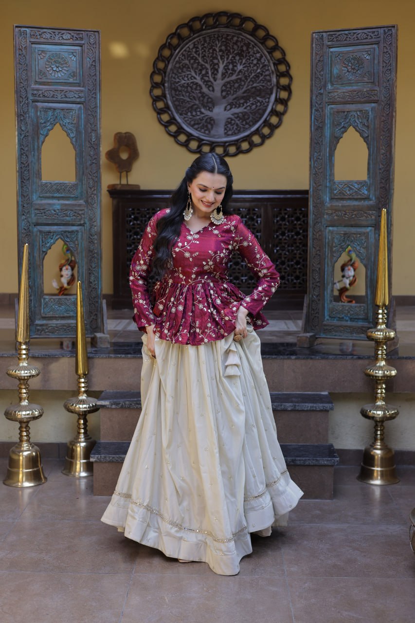 Sequins Embroidered Peplum Top with Flared Lehenga Set