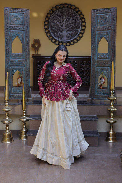 Sequins Embroidered Peplum Top with Flared Lehenga Set