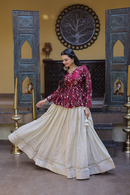 Sequins Embroidered Peplum Top with Flared Lehenga Set