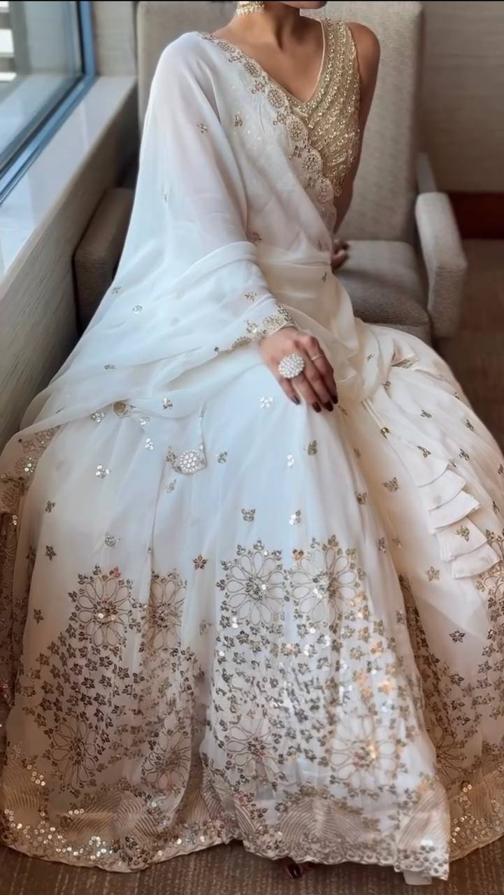 White Georgette Sequence Work Lehenga Choli - Wedding Special