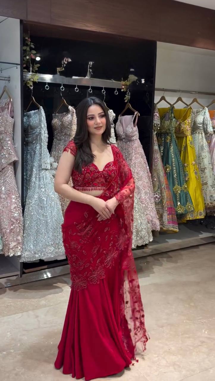 Elegant Red Ready to Wear Lehenga Saree with Embroidered Choli