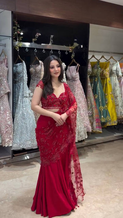 Elegant Red Ready to Wear Lehenga Saree with Embroidered Choli