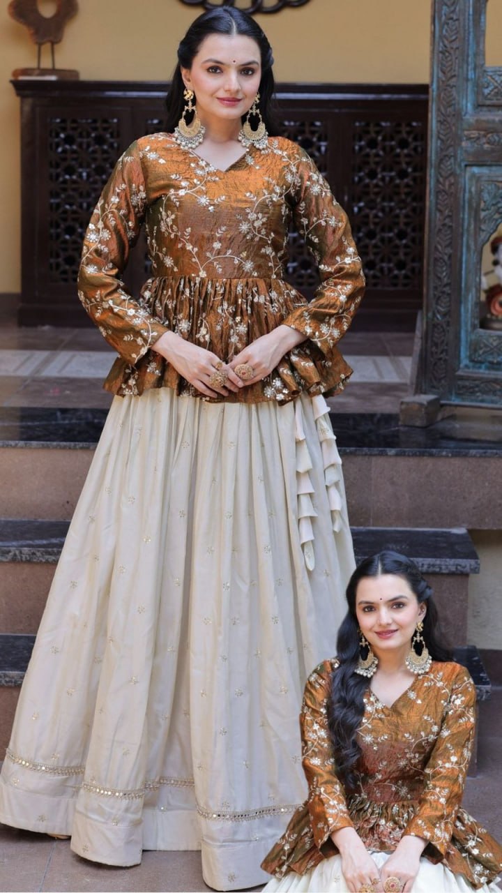 Sequins Embroidered Peplum Top with Flared Lehenga Set