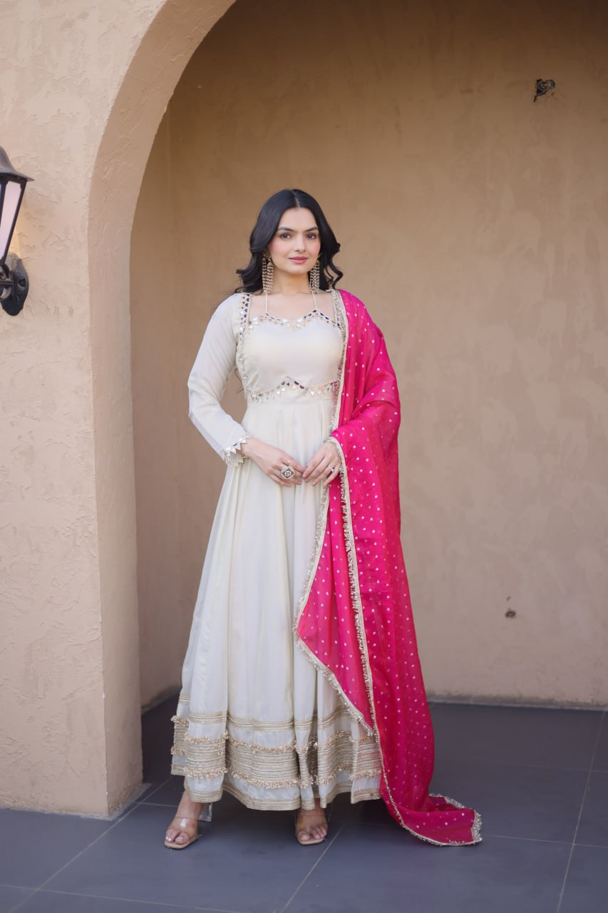 White Mirror Work Gown with Contrast Moss Butti Dupatta