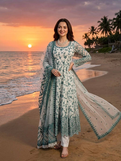 Premium Faux Georgette Embroidered Anarkali Gown with Pent Set