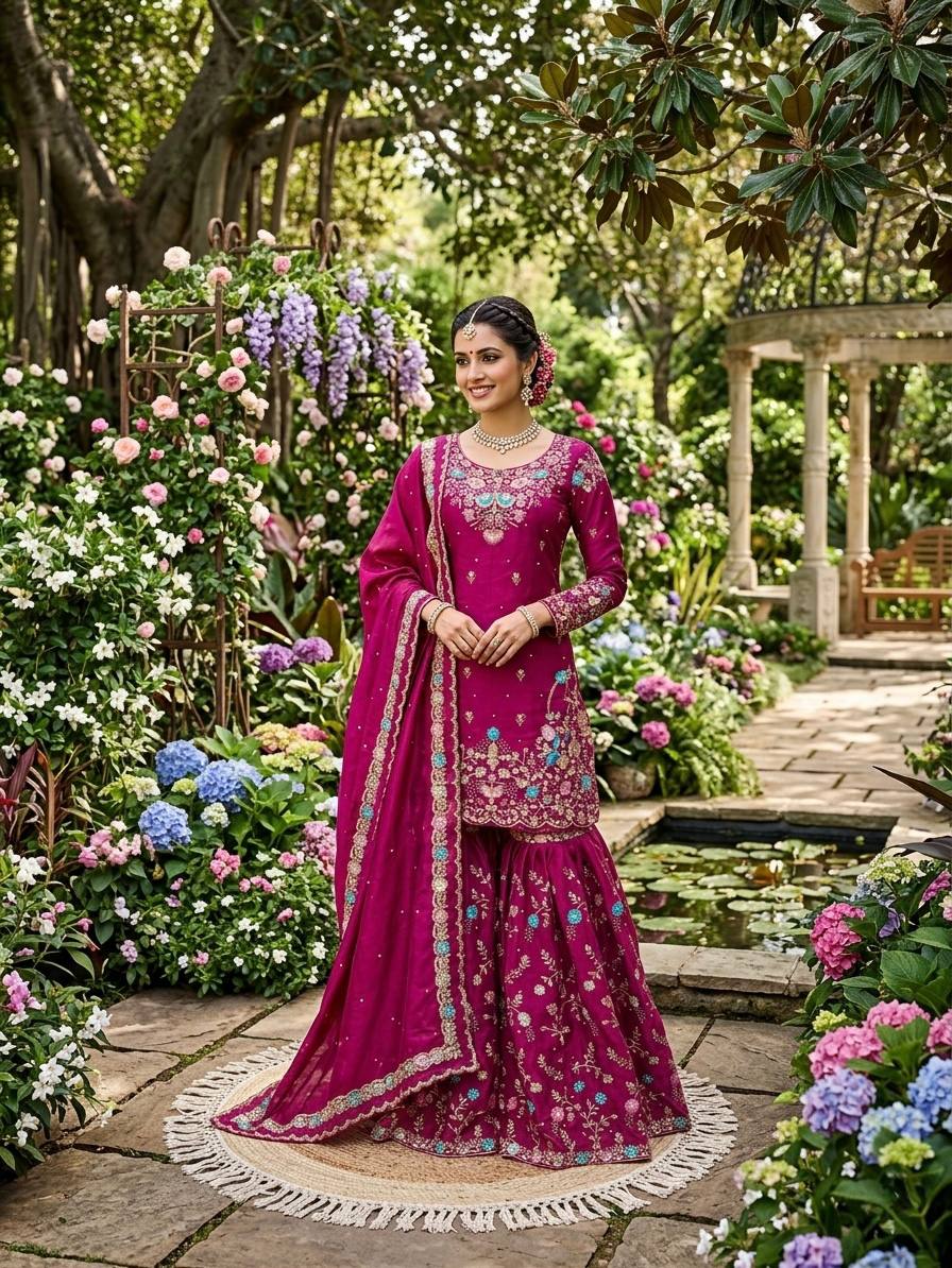 JMC Silk Embroidered Sharara Suit Set