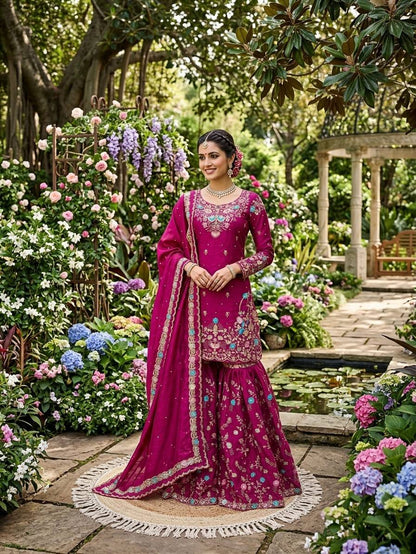 JMC Silk Embroidered Sharara Suit Set