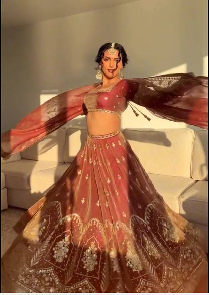Rust Red Krishma Silk Sequence Work Lehenga Choli
