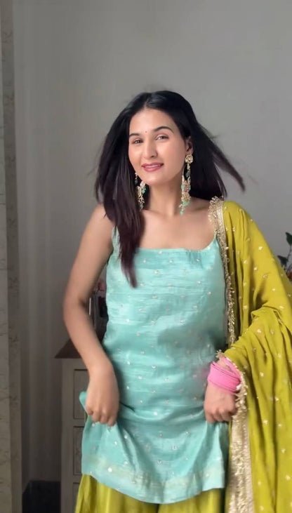 Cyan and Lime Party Wear Suit for Women - Chinon Silk Salwar Suit