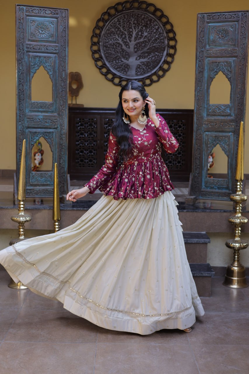 Sequins Embroidered Peplum Top with Flared Lehenga Set