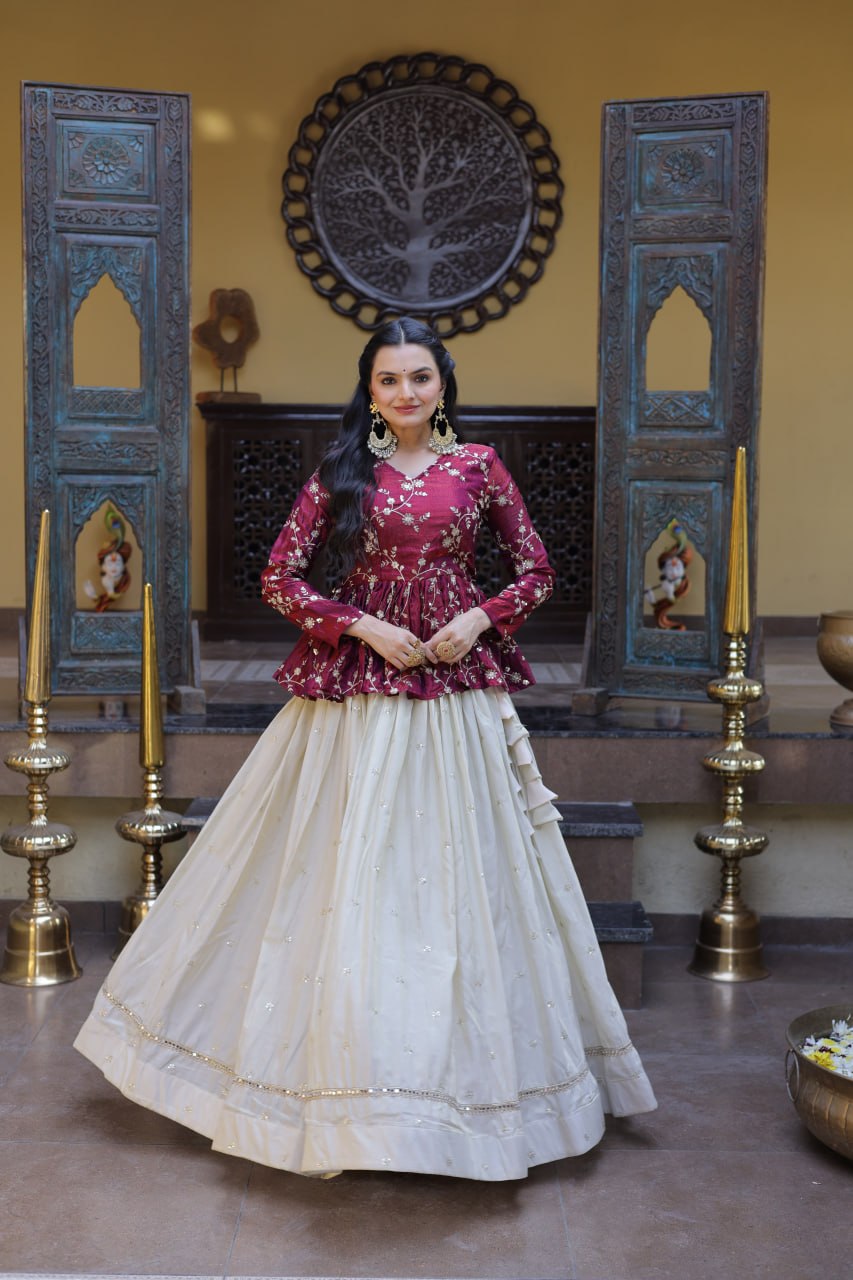 Sequins Embroidered Peplum Top with Flared Lehenga Set