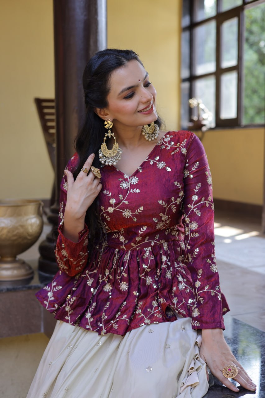 Sequins Embroidered Peplum Top with Flared Lehenga Set
