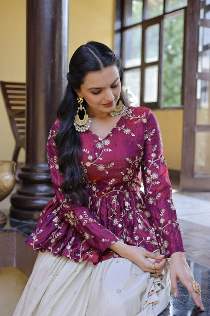 Sequins Embroidered Peplum Top with Flared Lehenga Set