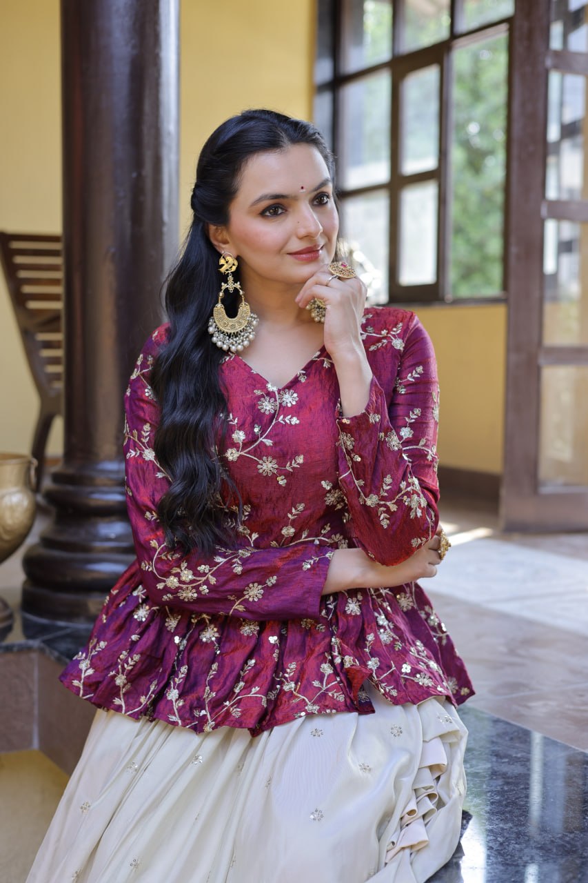 Sequins Embroidered Peplum Top with Flared Lehenga Set