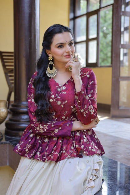 Sequins Embroidered Peplum Top with Flared Lehenga Set