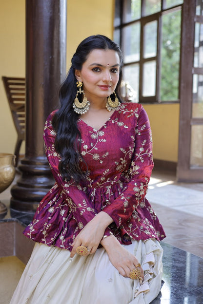 Sequins Embroidered Peplum Top with Flared Lehenga Set