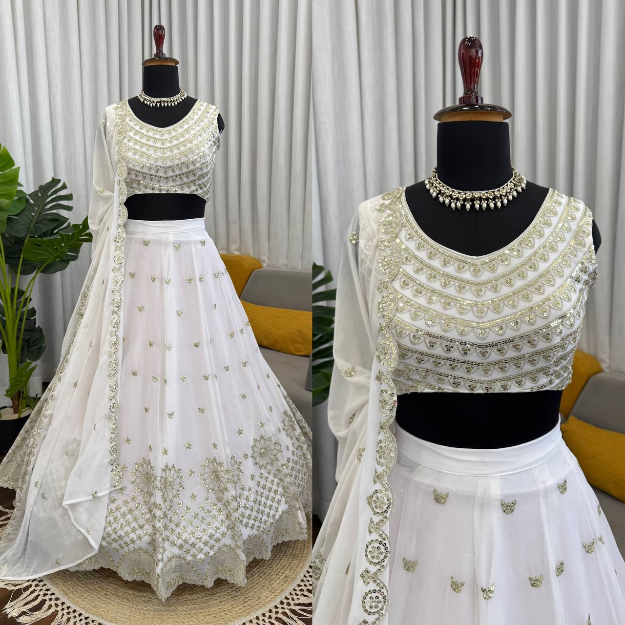 White Georgette Sequence Work Lehenga Choli - Wedding Special