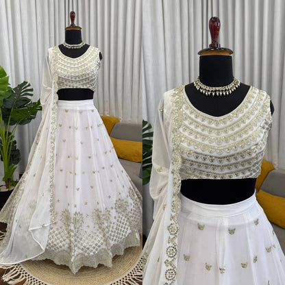 White Georgette Sequence Work Lehenga Choli - Wedding Special