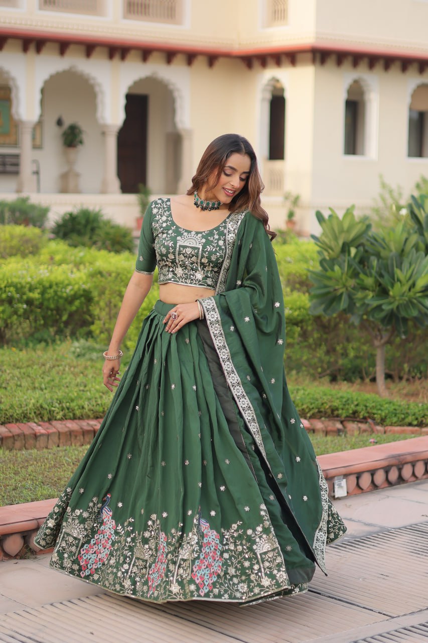 Dark Green Vichitra Silk Embroidered Lehenga Choli