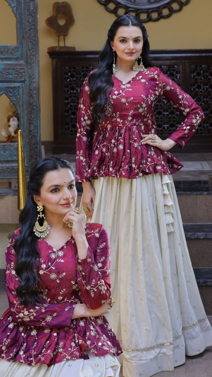 Sequins Embroidered Peplum Top with Flared Lehenga Set