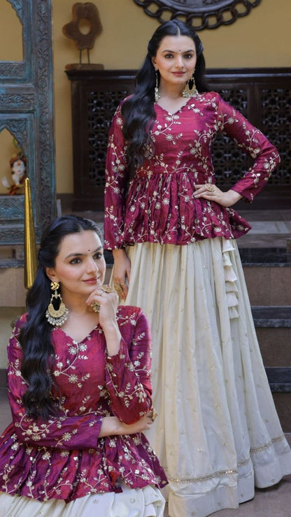 Sequins Embroidered Peplum Top with Flared Lehenga Set