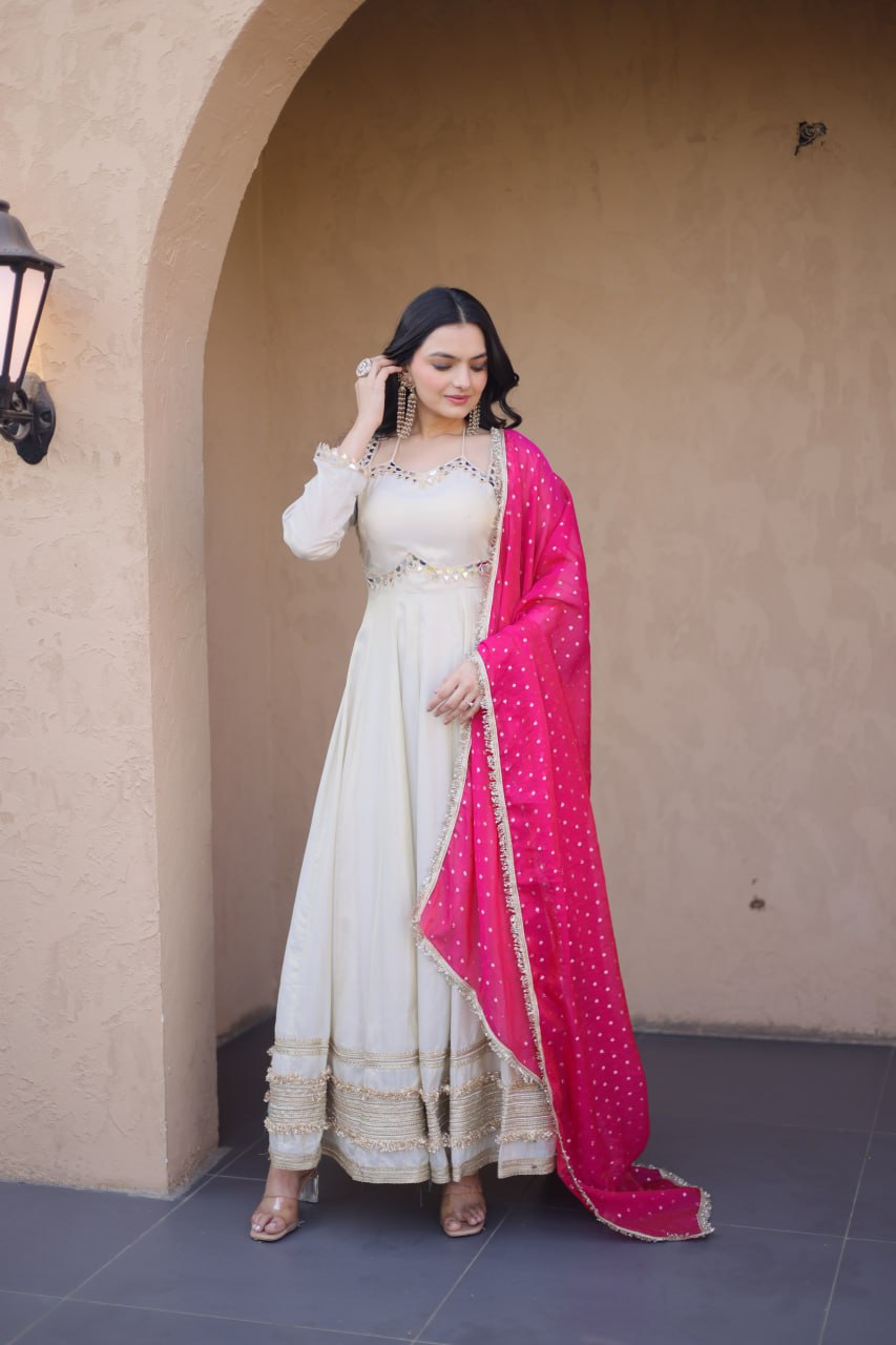 White Mirror Work Gown with Contrast Moss Butti Dupatta