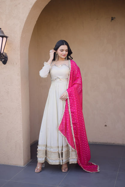 White Mirror Work Gown with Contrast Moss Butti Dupatta