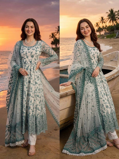 Premium Faux Georgette Embroidered Anarkali Gown with Pent Set