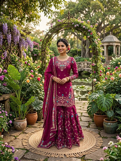 JMC Silk Embroidered Sharara Suit Set