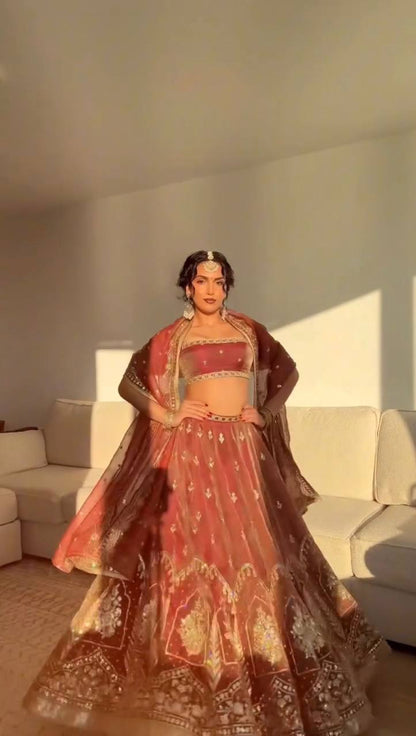 Rust Red Krishma Silk Sequence Work Lehenga Choli