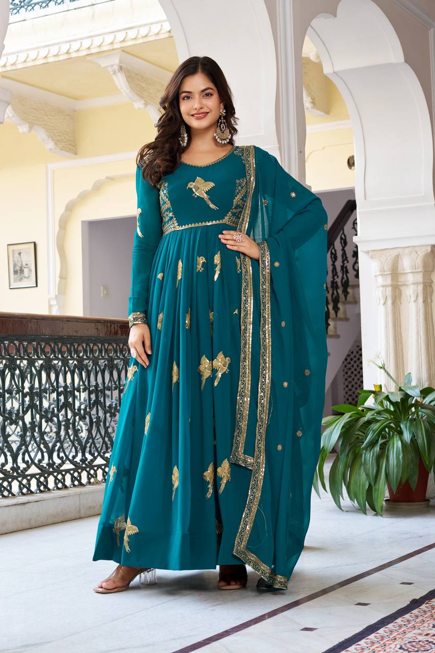 Faux Georgette Embroidered Gown with Sequin Work & Dupatta
