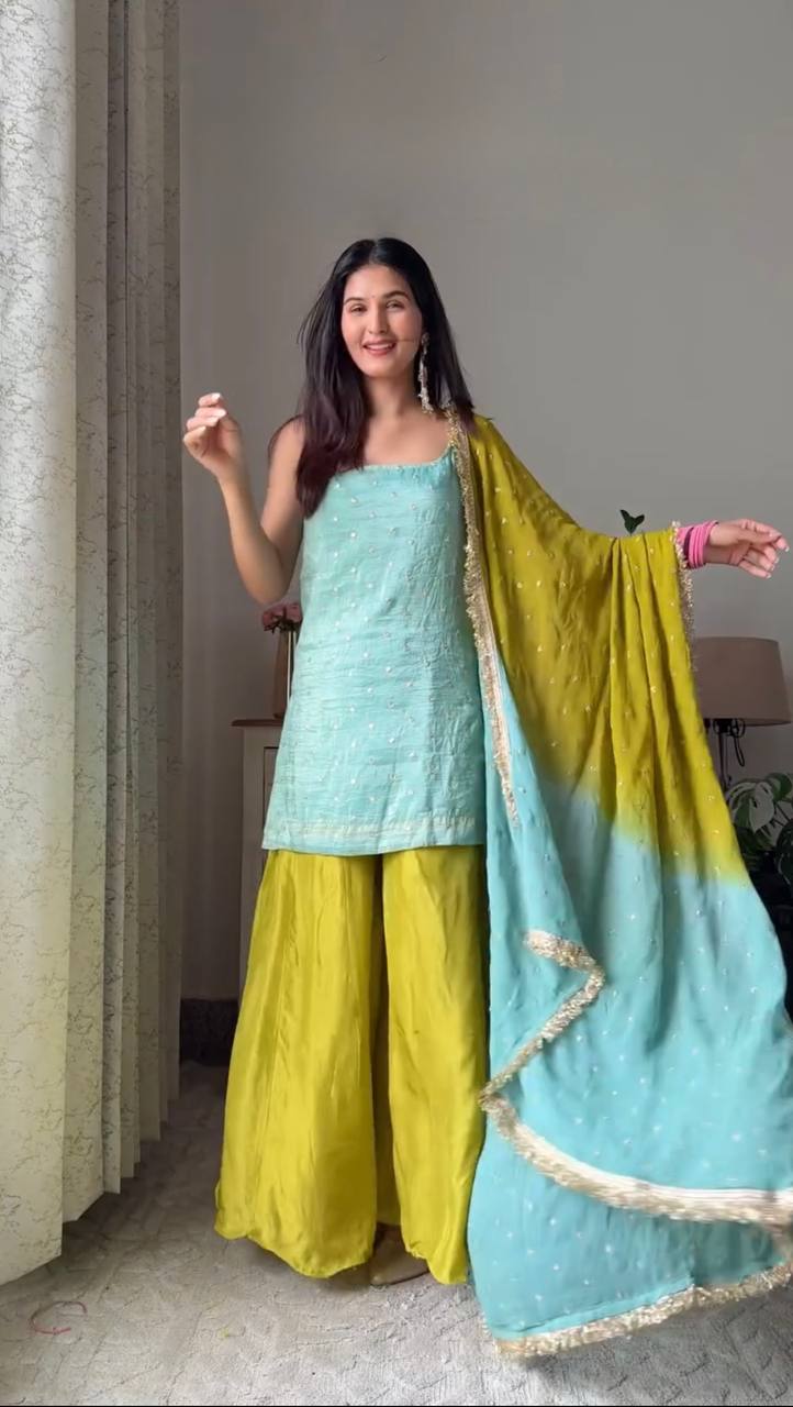 Cyan and Lime Party Wear Suit for Women - Chinon Silk Salwar Suit