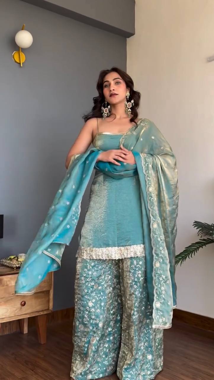 Sea Green Fendy Silk Pakistani Suit with Sequined Palazzo