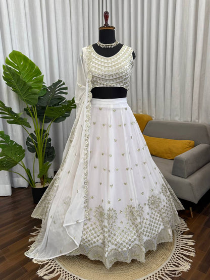 White Georgette Sequence Work Lehenga Choli - Wedding Special
