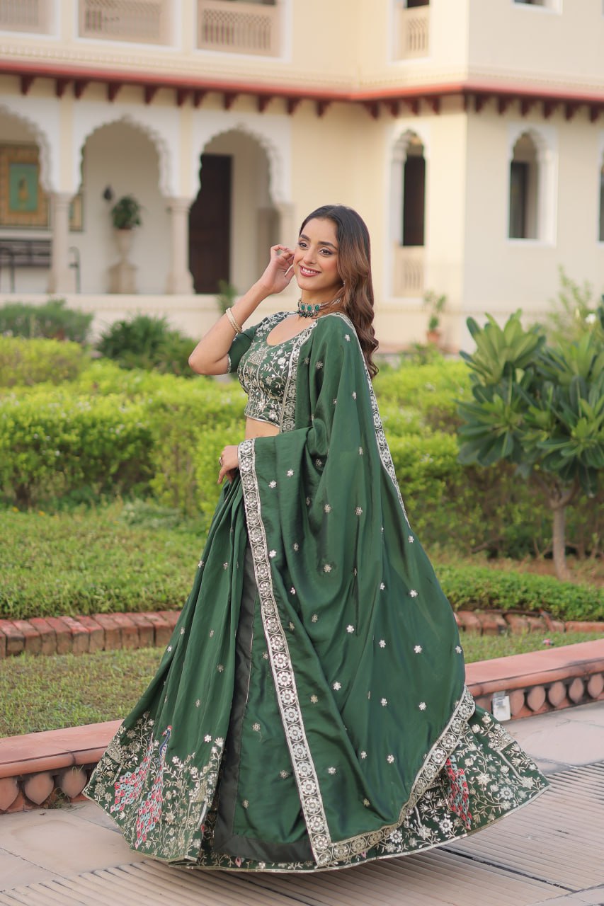 Dark Green Vichitra Silk Embroidered Lehenga Choli