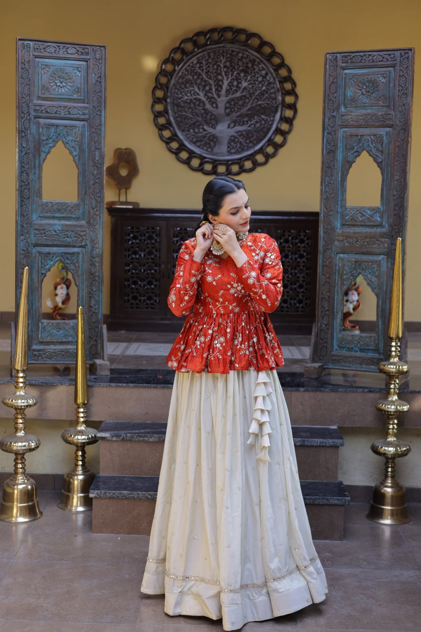 Sequins Embroidered Peplum Top with Flared Lehenga Set