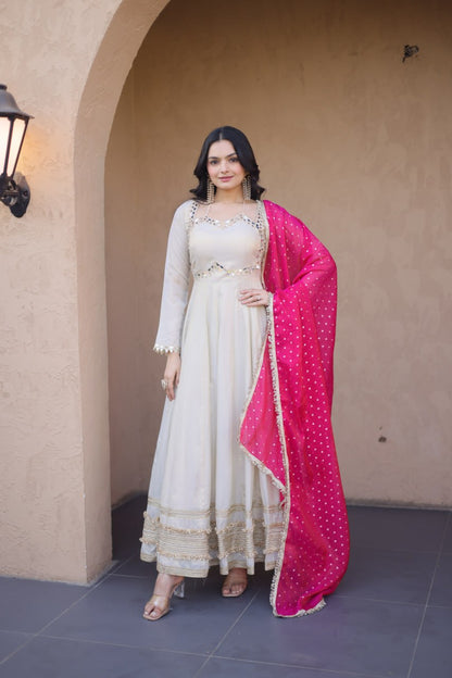 White Mirror Work Gown with Contrast Moss Butti Dupatta