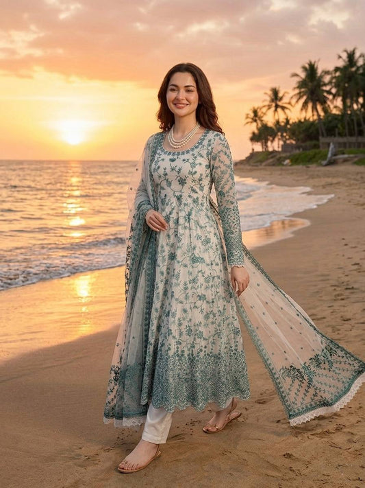 Premium Faux Georgette Embroidered Anarkali Gown with Pent Set
