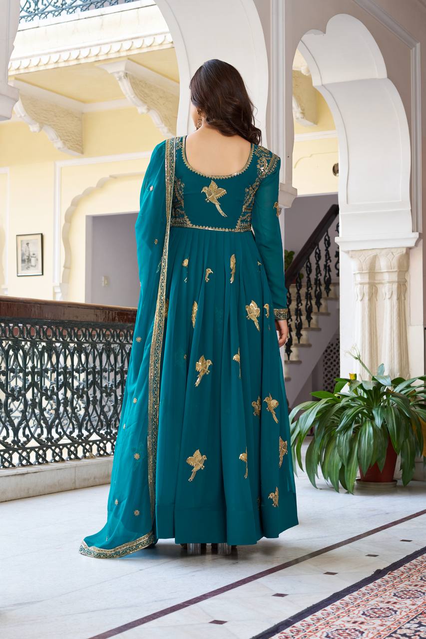Faux Georgette Embroidered Gown with Sequin Work & Dupatta