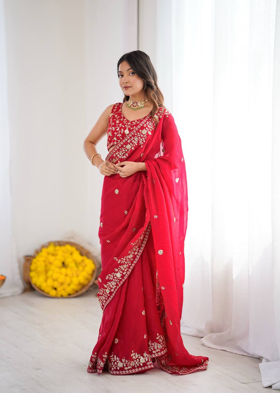 Red Fendy Silk Party Wear Saree with Sequin Embroidery
