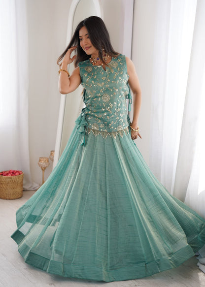 Salsa Crush Lehenga Choli with Embroidered Zari Koti