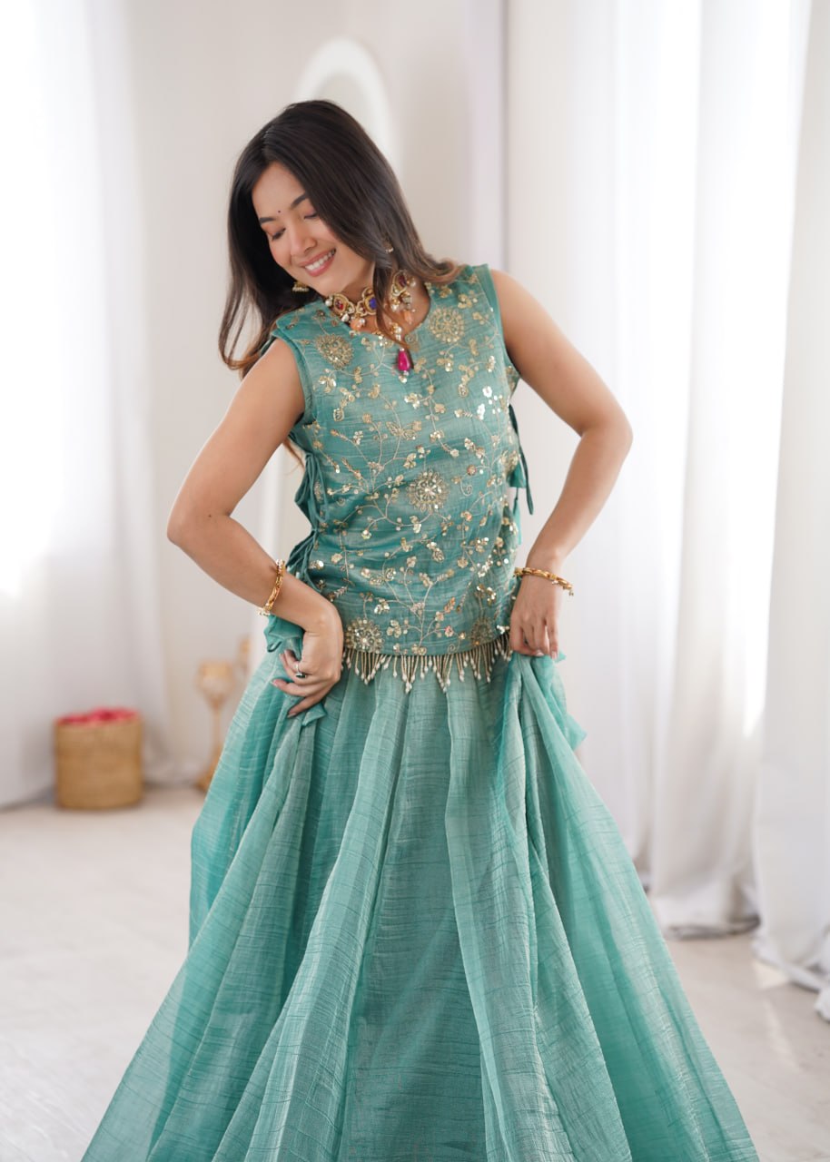 Salsa Crush Lehenga Choli with Embroidered Zari Koti