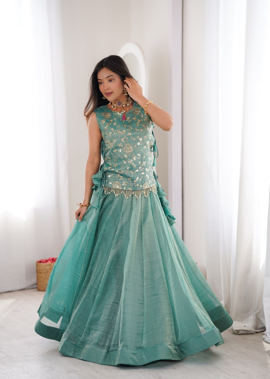 Salsa Crush Lehenga Choli with Embroidered Zari Koti