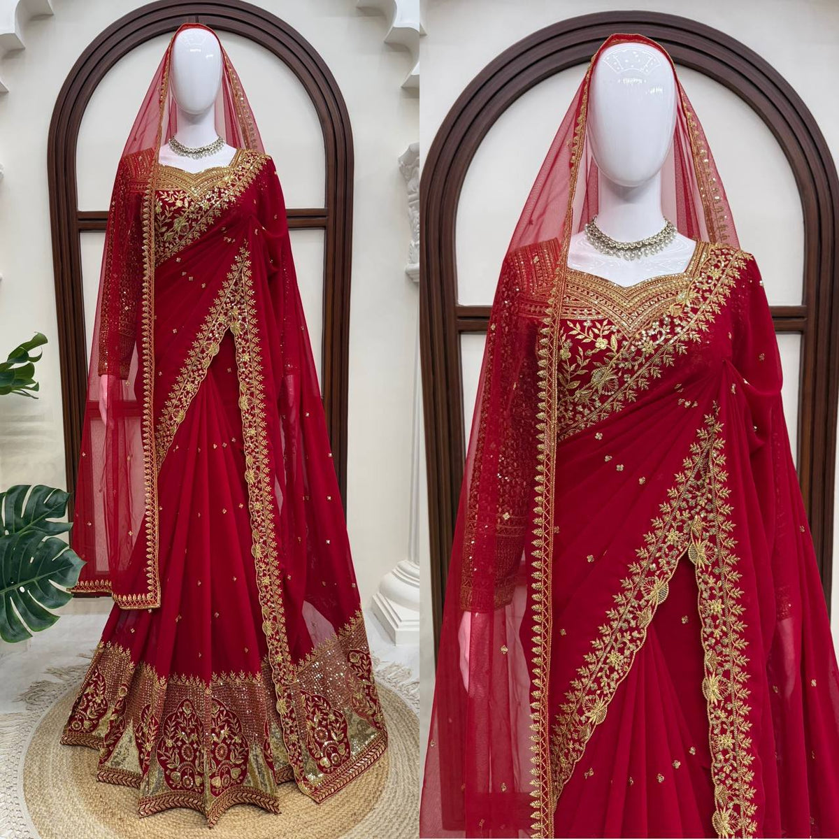 Red Faux Georgette Designer Saree for Women with Sequence Work