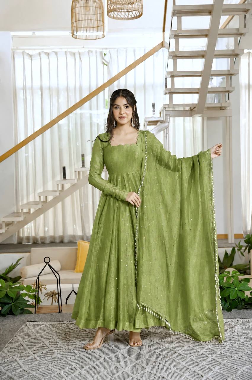 Salsa Silk Foil Work Gown Pent Set with Dupatta