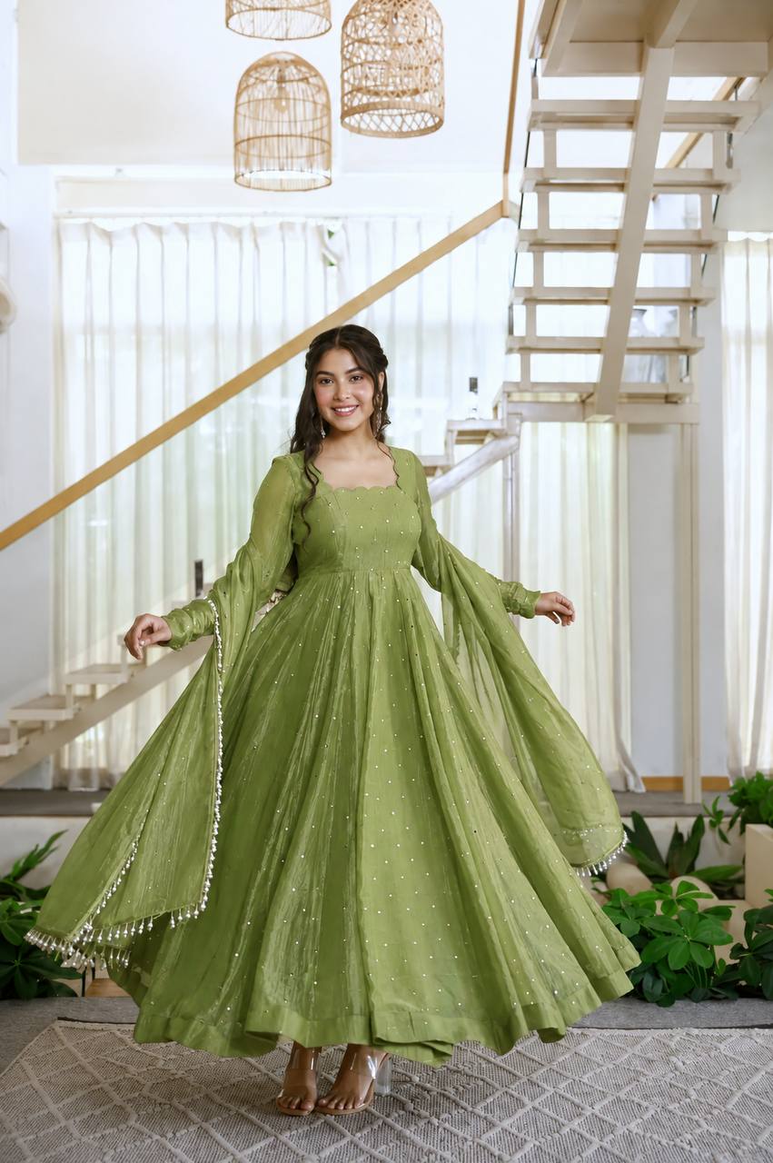 Salsa Silk Foil Work Gown Pent Set with Dupatta