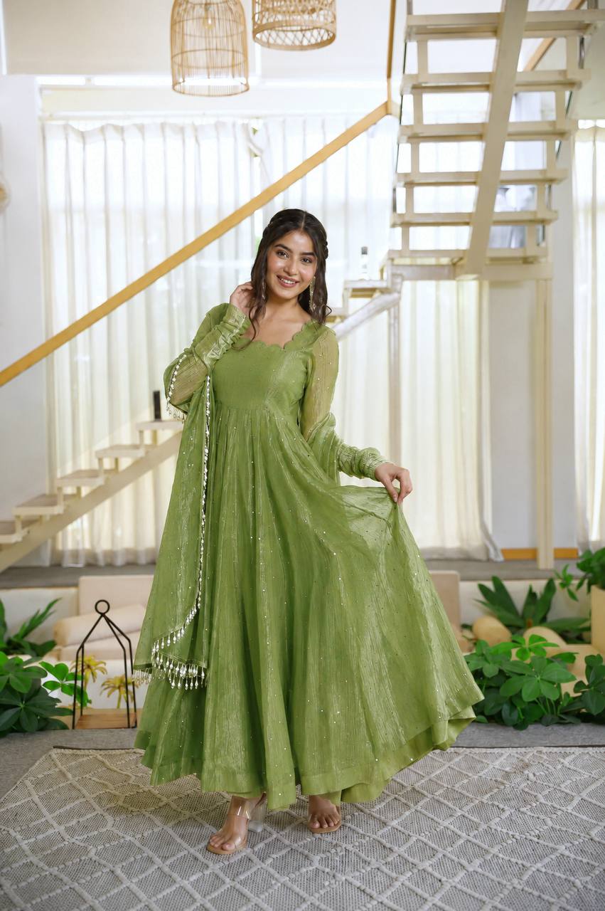 Salsa Silk Foil Work Gown Pent Set with Dupatta